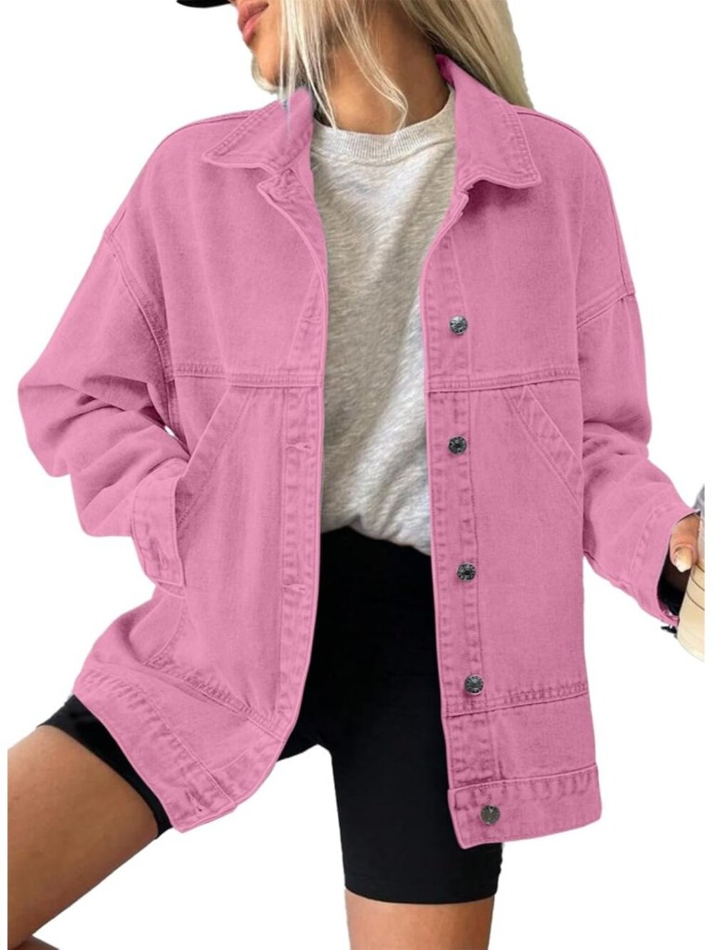 Women's Pink Long Sleeve Fall Winter Casual Pockets Jean Jacket Coat